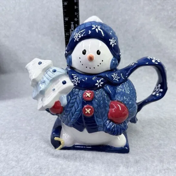 Homespun Holiday Collection Blue Snowman Four Cup Teapot Christmas Holidays - Picture 10 of 14